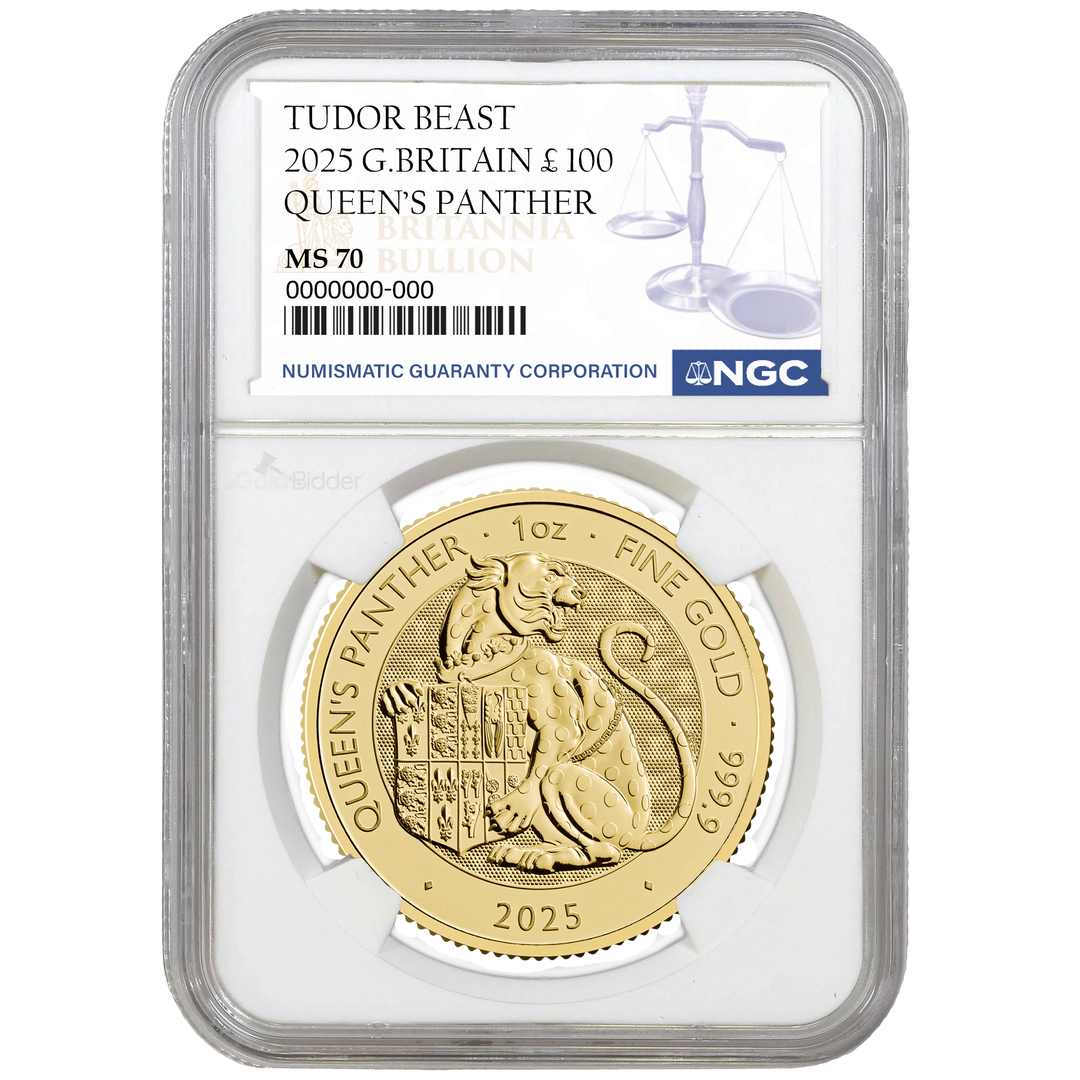 2025 1oz Gold Tudor Beasts Queens Panther Certified Coin MS67+