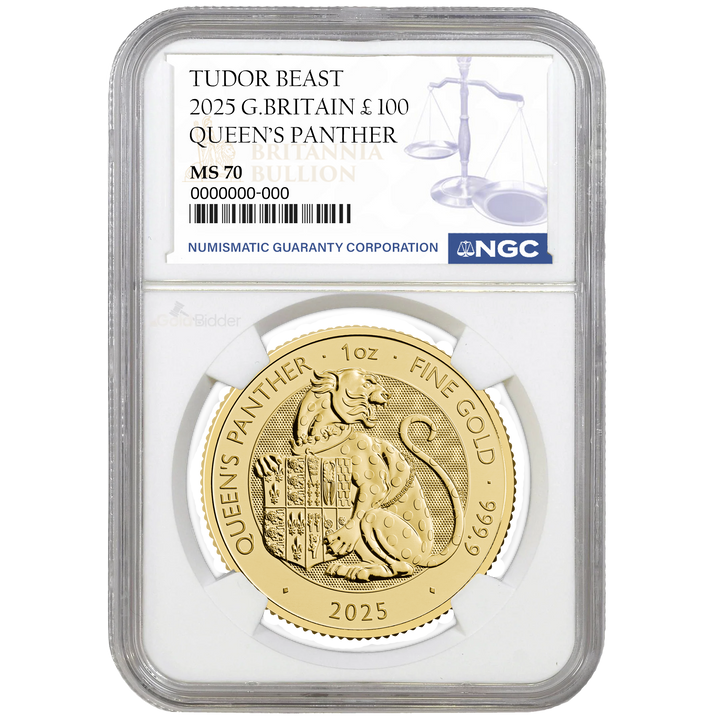 2025 1oz Gold Tudor Beasts Queens Panther Certified Coin MS67+