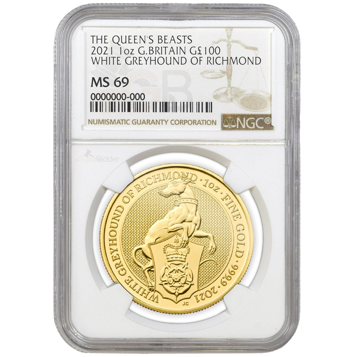2021 NGC 1oz Gold Queens Beasts White Greyhound Of Richmond Certified Coin MS67+
